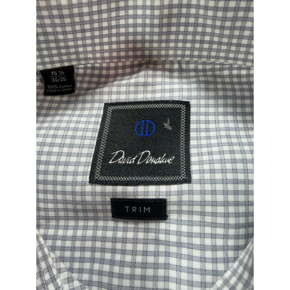 David Donahue Trim Fit Dress Shirt Mens 15.5 34/35 Gray Blue Check 100% Cotton - Picture 2 of 11